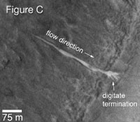This image shows an enlargement of a portion of another image from August 2005, showing details of the new, light-toned gully deposit.