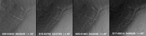 the Mars Orbiter Camera team repeatedly imaged this site throughout 2005 and 2006. Four examples are shown here, acquired in April 2005, August 2005, February 2006 and April 2006.