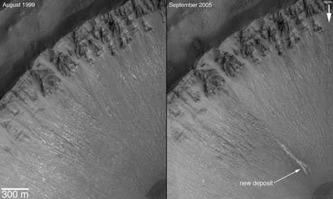 This figure shows the southeast wall of the unnamed crater in the Centauri Montes region, as it appeared in August 1999, and later in September 2005.